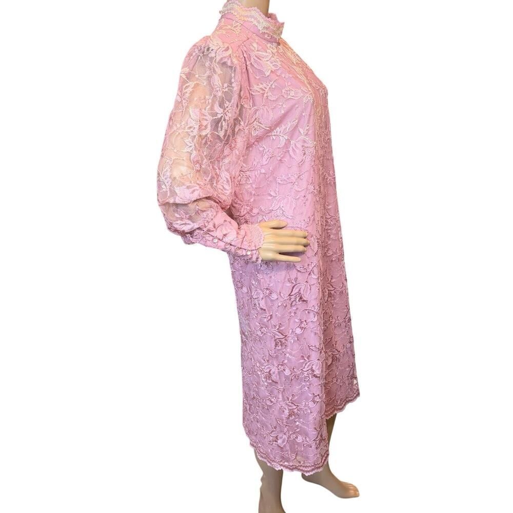 VTG 80s Romantic Pink Coquette Floral Lace Mesh Midi Dress Blaire Boutique Large - Picture 6 of 16